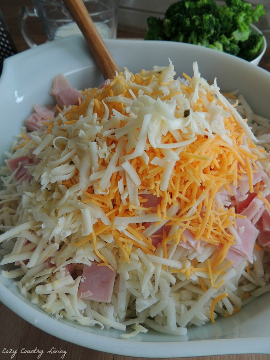 Combine the potatoes, ham and cheese