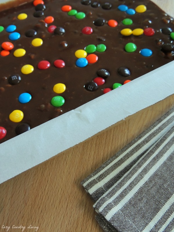 Spread Batter into Lined Pan and add M&M's