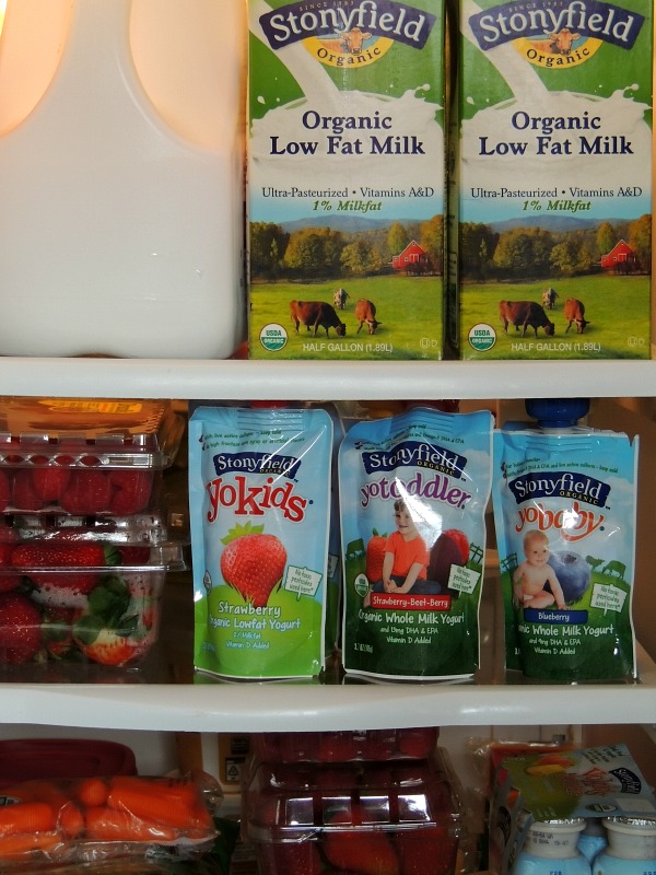 Stonyfield Yogurt Pouches fit perfectly on a small shelf in the refrigerator!