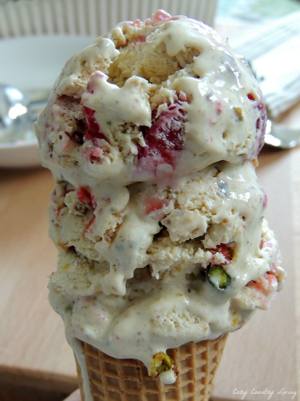 Homemade Strawberry & Pistachio Ice Cream in a Cone