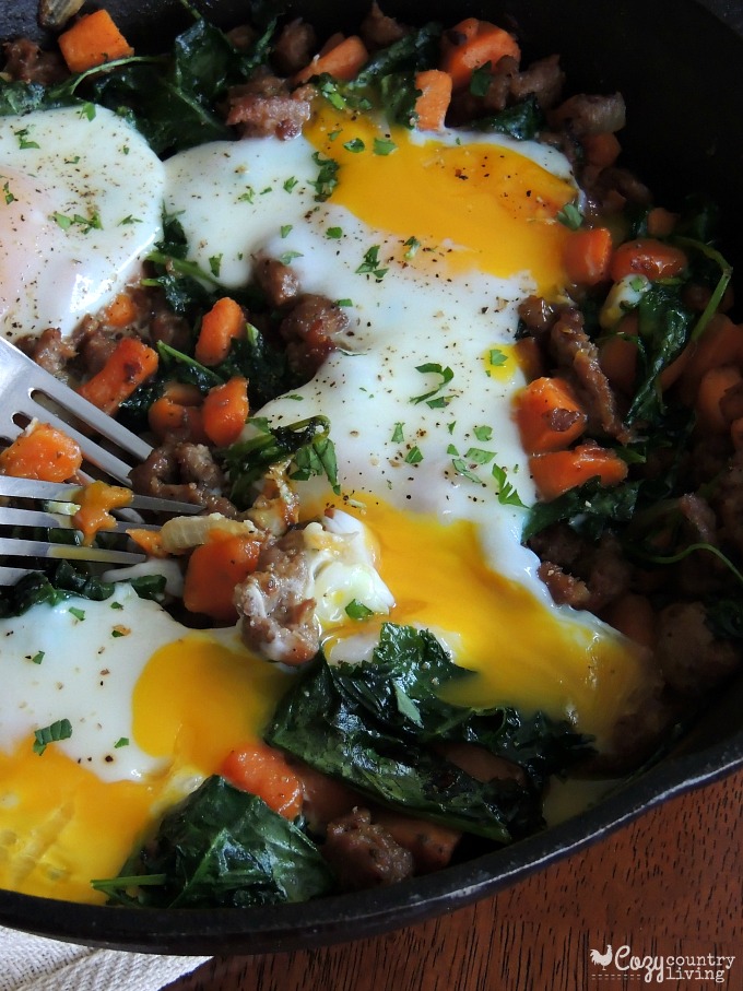 Breakfast Baked Eggs with Sausage, Kale & Sweet Potatoes