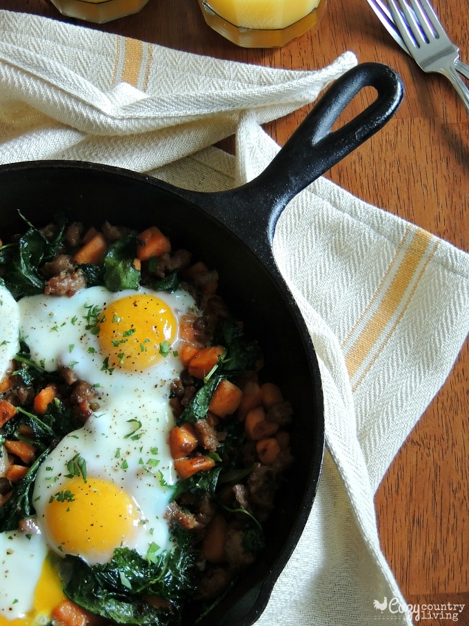 Delicious Simple Baked Eggs with Sausage, Kale & Sweet Potatoes