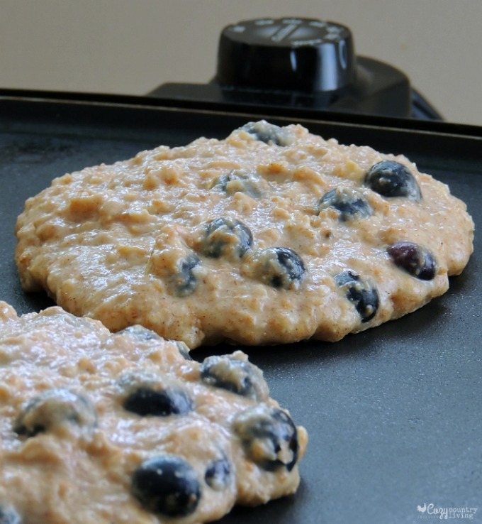 Blueberry Oatmeal Pancakes on Griddle