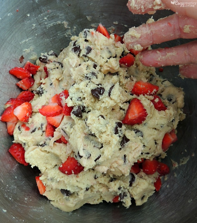 Mixing the Strawberries Into the Chocolate Chip Cookie Dough