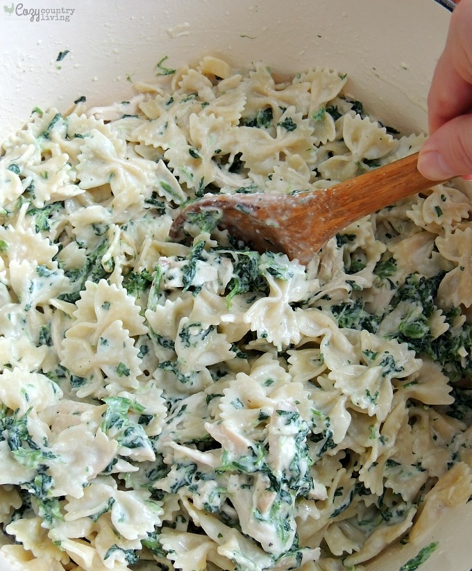 Combining Ingredients for Creamy Chicken Spinach Alfredo Pasta