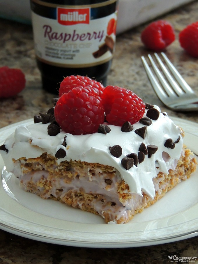 Delicious Raspberry Chocolate Chip Yogurt Icebox Cake Dessert