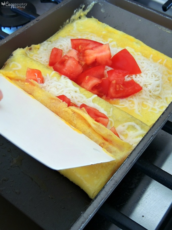 Rolling Up Four Cheese & Tomato Omelet