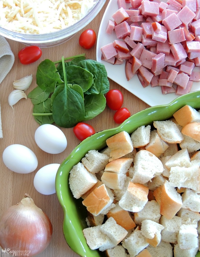 Ingredients for Cheesy Ham & Spinach Overnight Breakfast Casserole