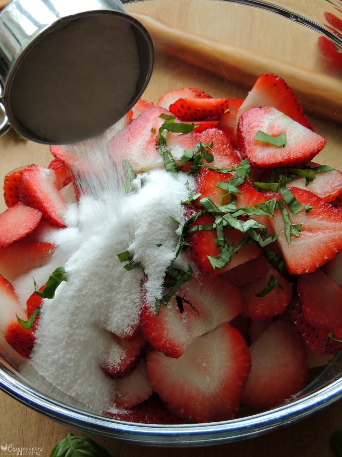 Adding Sugar to Strawberries & Fresh Basil