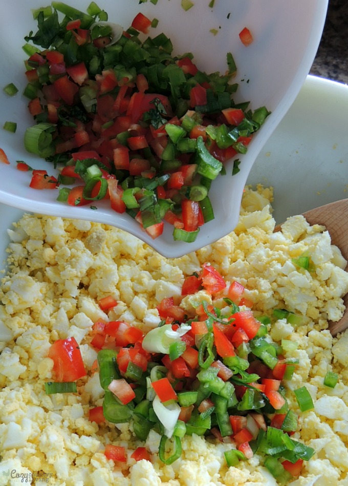 Adding Fresh Vegetables in Mexican Egg Salad