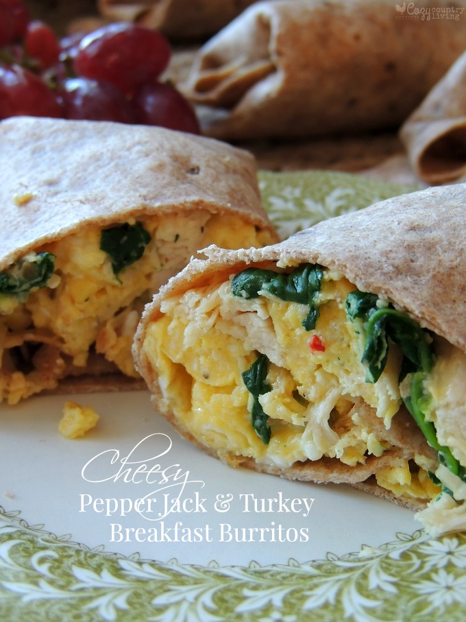Easy Cheesy Pepper Jack & Turkey Breakfast Burritos