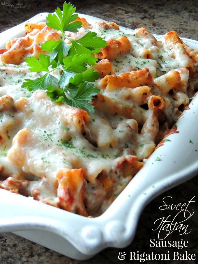 Our family loves this Sweet Italian Sausage & Rigatoni Bake! Easy family friendly recipe you can make in about 30 minutes.