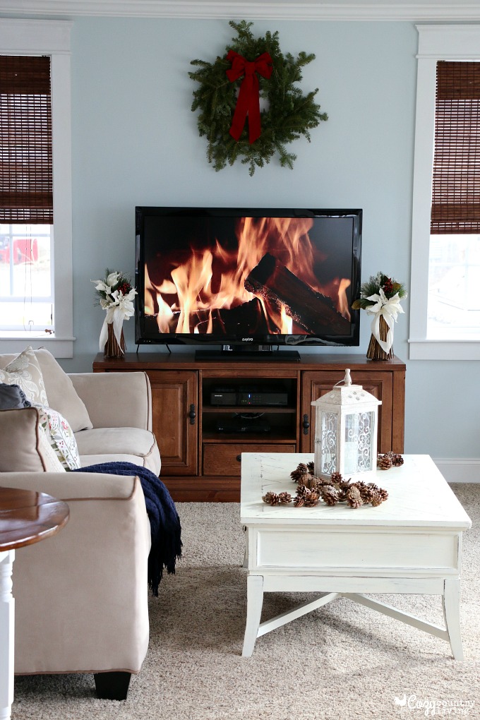 Living Room Christmas Decor & Yule Log