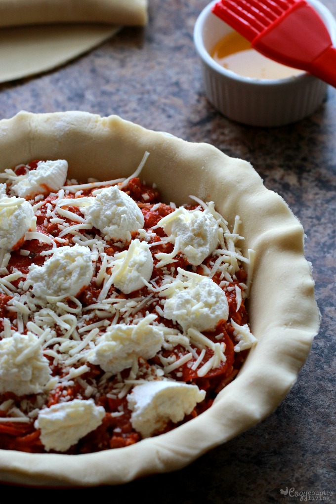 Adding Mozzarella Cheese to Sausage & Pepperoni Pot Pie