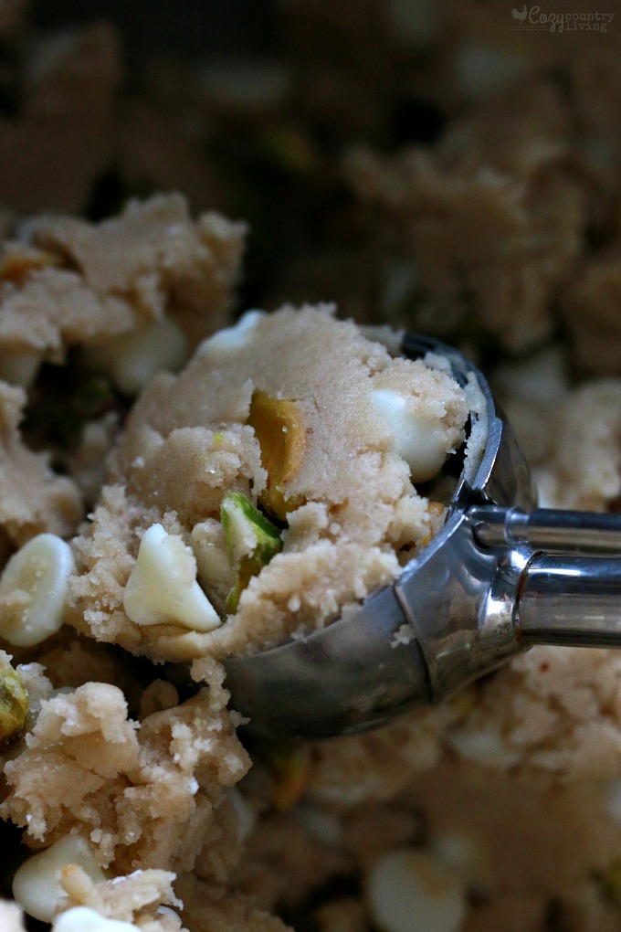 Scooping out White Chocolate & Pistachio Cookie Dough