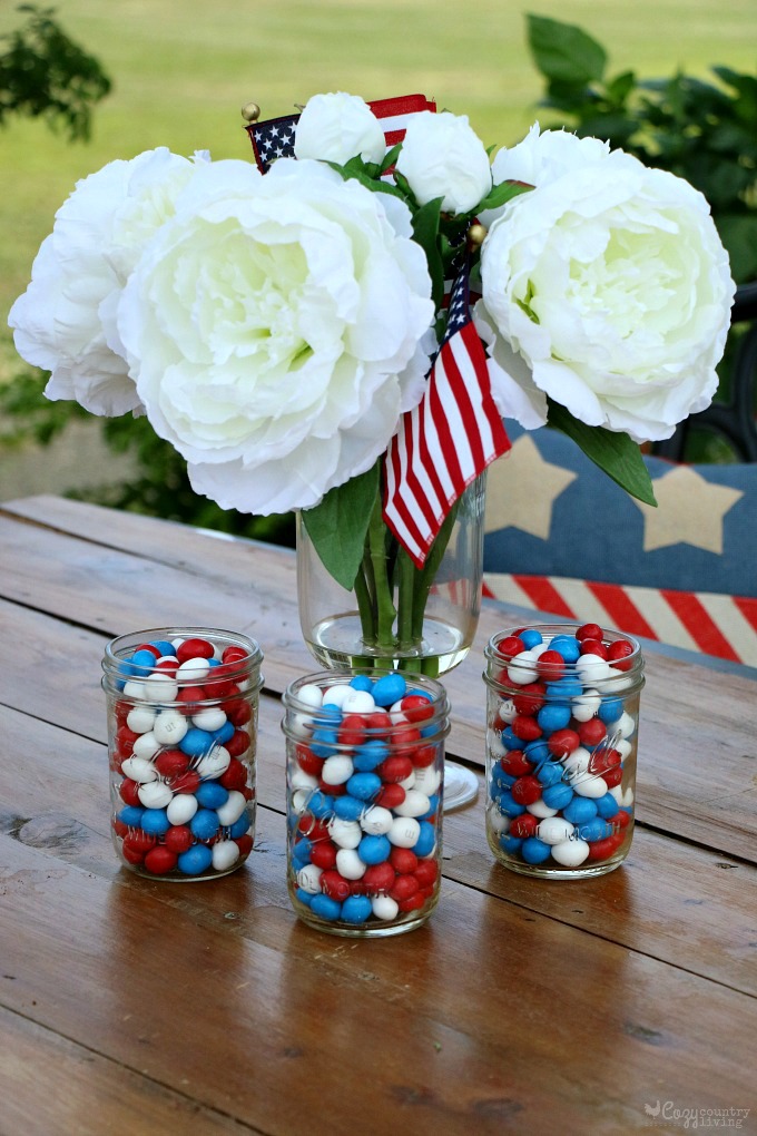 Red, White & Blue Candy in Mason Jars for 4th of July Decor