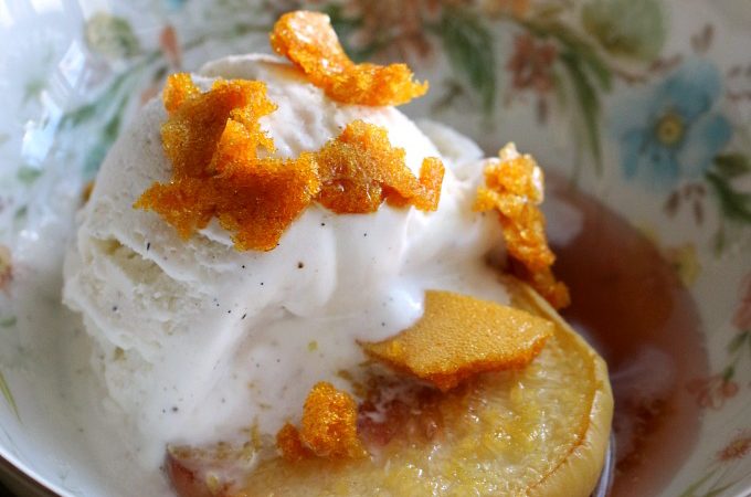 Summer Dessert Roasted White Peaches with Honeycomb & Vanilla Ice Cream