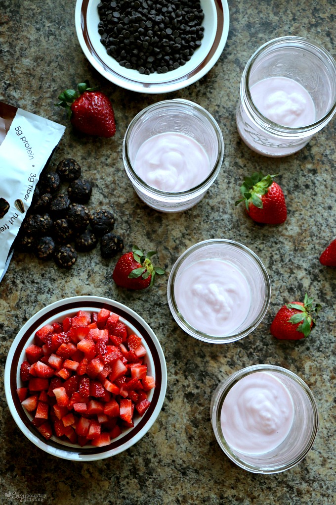 Ingredients for Strawberry & Chocolate Crunch Yogurt Parfaits