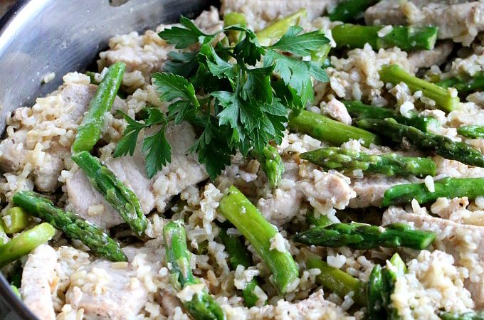 30 Minute One Pan Pork with Rice & Asparagus